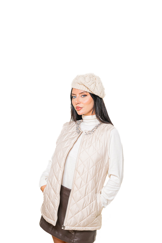 Beige Vest Jacket with Crystal Collar by The Embroidered Corner
