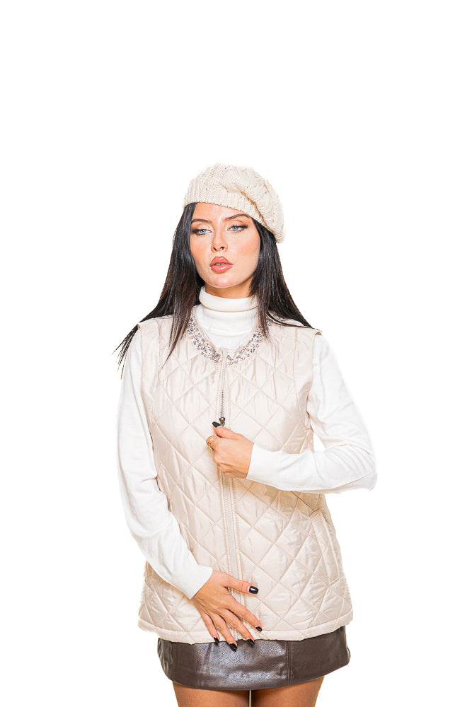 Beige Vest Jacket with Crystal Collar by The Embroidered Corner