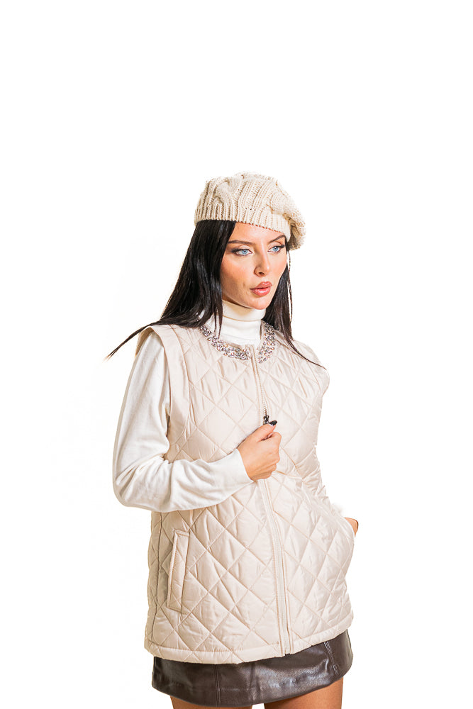 Beige Vest Jacket with Crystal Collar by The Embroidered Corner