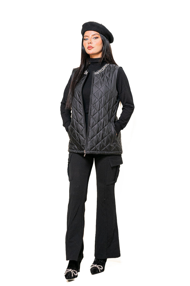 Black Vest Jacket with Crystal Collar by The Embroidered Corner