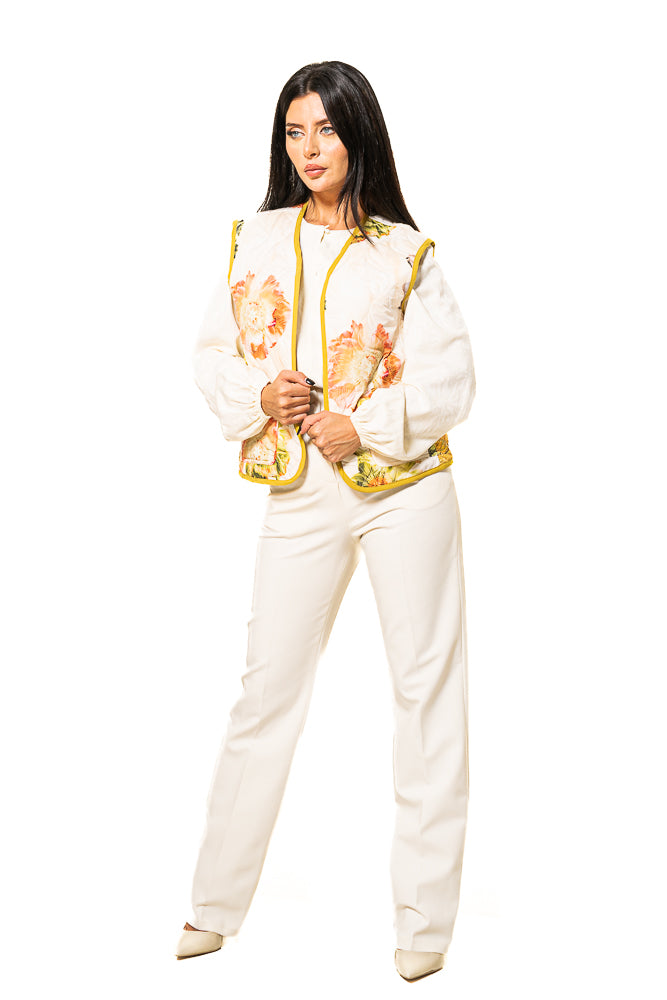 Beige Three-Piece Set of Floral Vest, Blouse and High-Waisted Pants by The Embroidered Corner