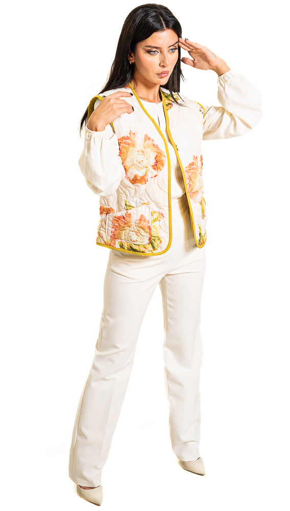 Beige Three-Piece Set of Floral Vest, Blouse and High-Waisted Pants by The Embroidered Corner