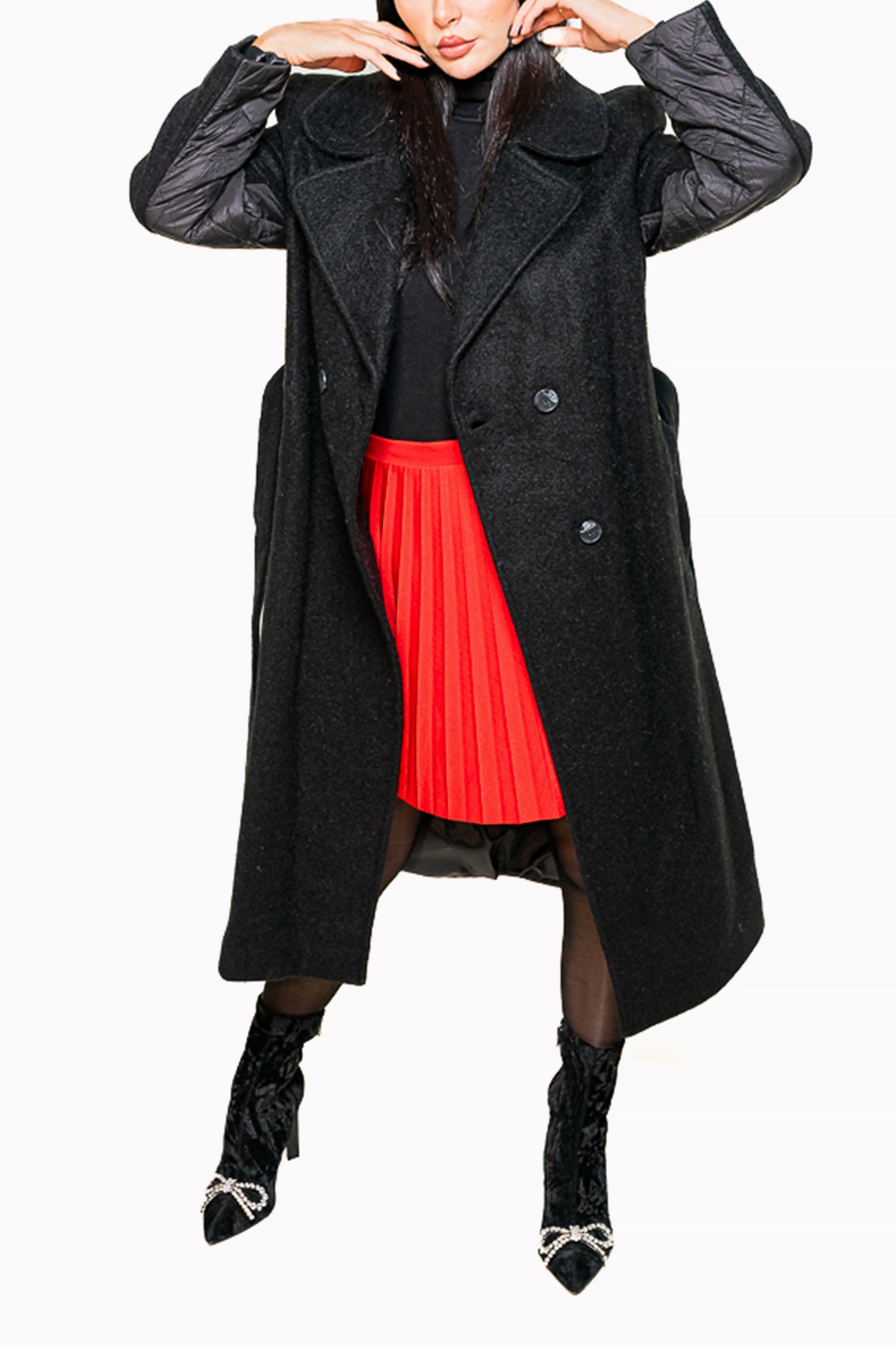 Black Midi Coat with Waist Tie by The Embroidered Corner