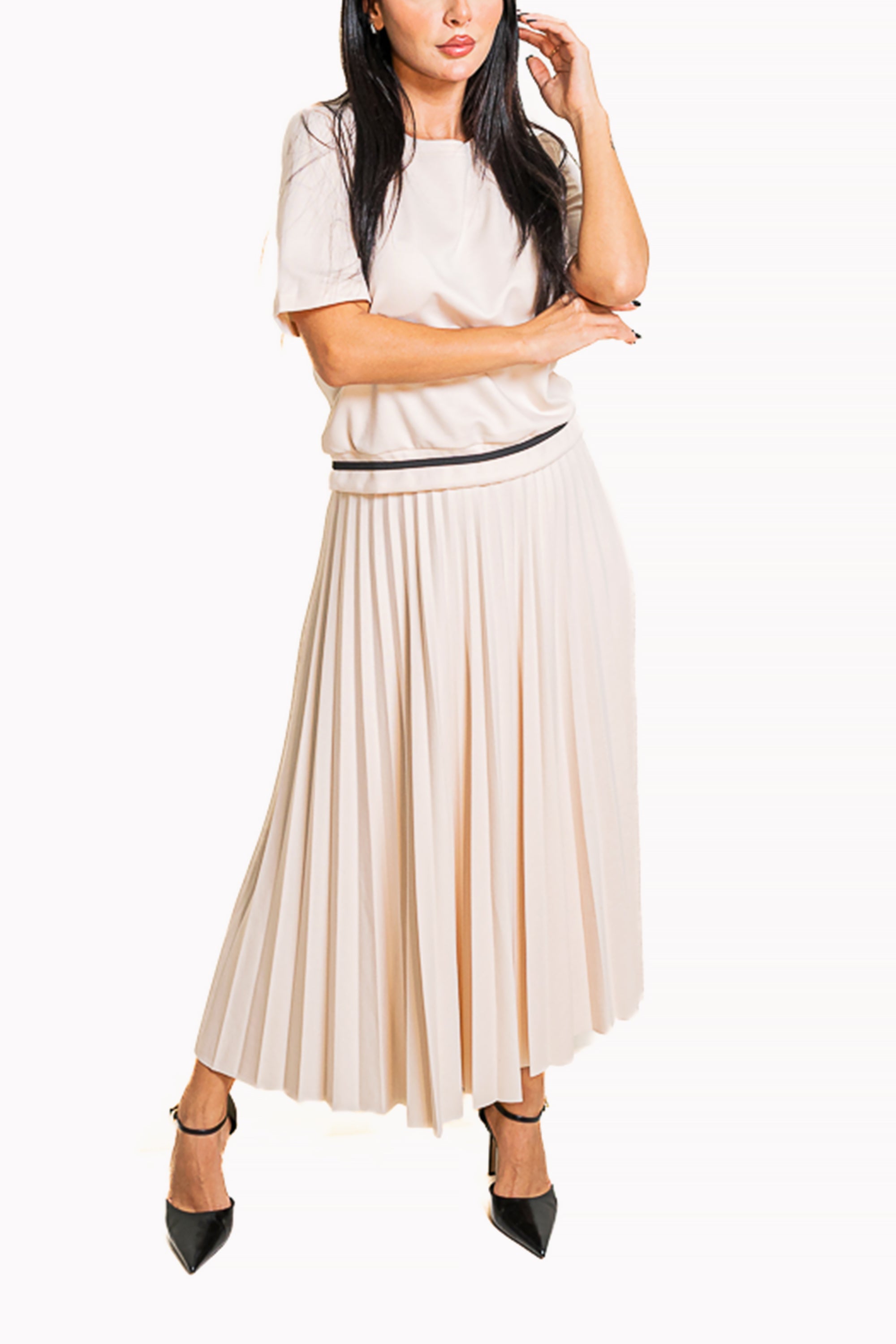 Beige Two-Piece Set of T-Shirt with Trim and Midi Skirt by The Embroidered Corner