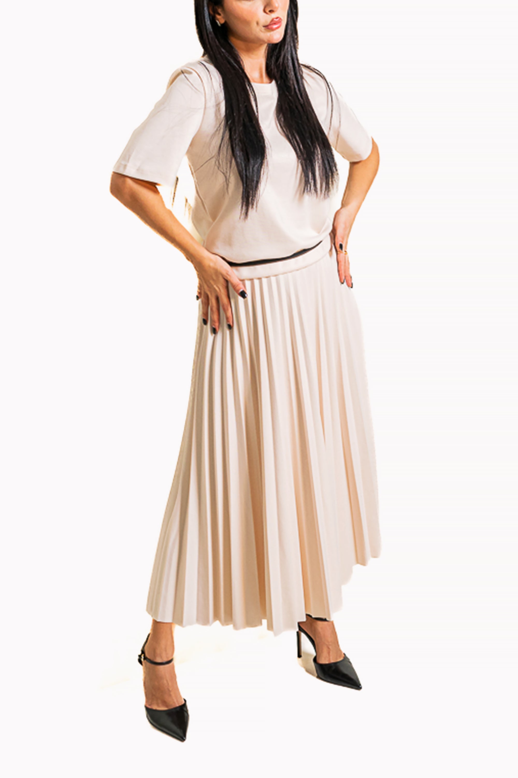 Beige Two-Piece Set of T-Shirt with Trim and Midi Skirt by The Embroidered Corner