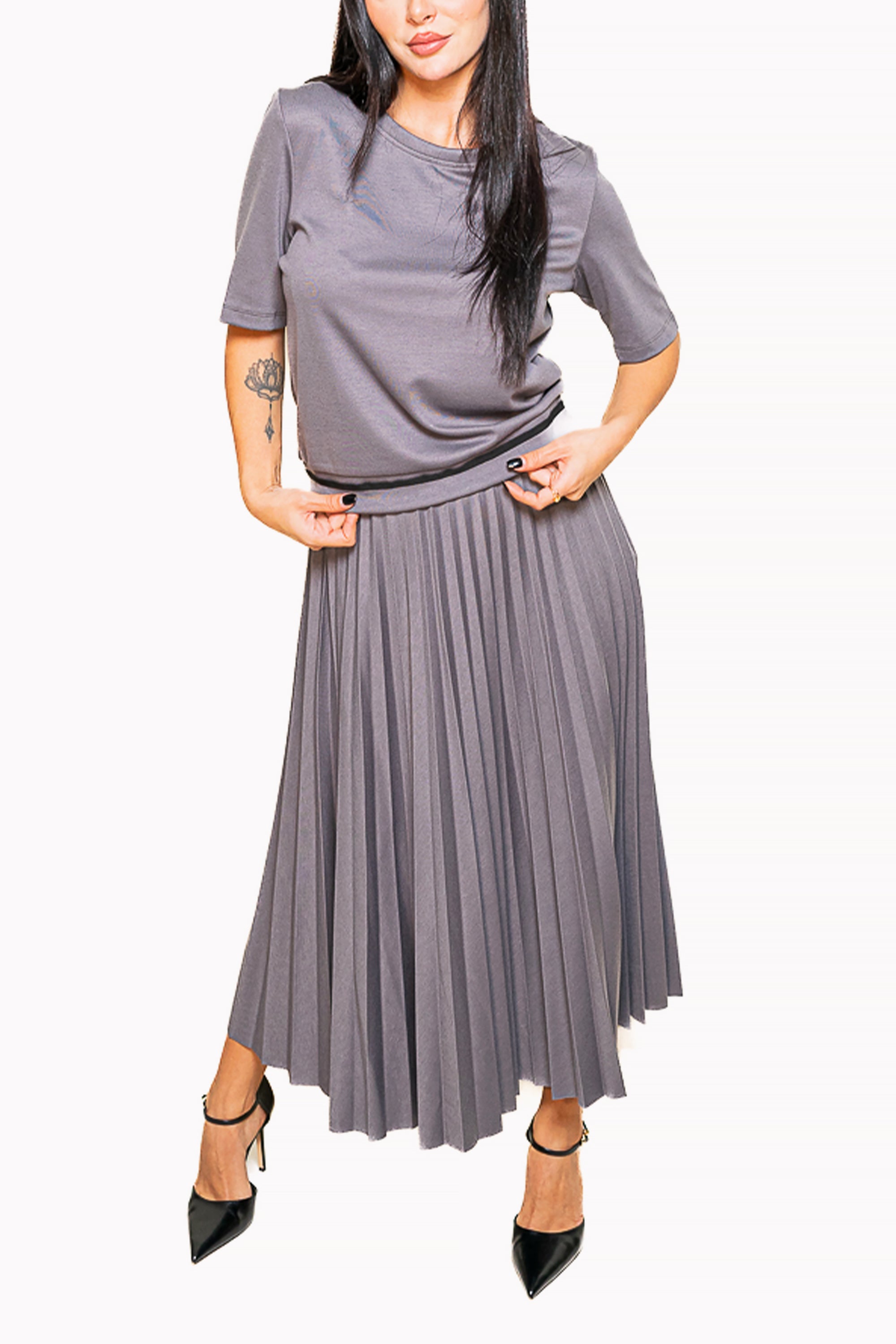 Grey Two-Piece Set of T-Shirt with Trim and Midi Skirt by The Embroidered Corner