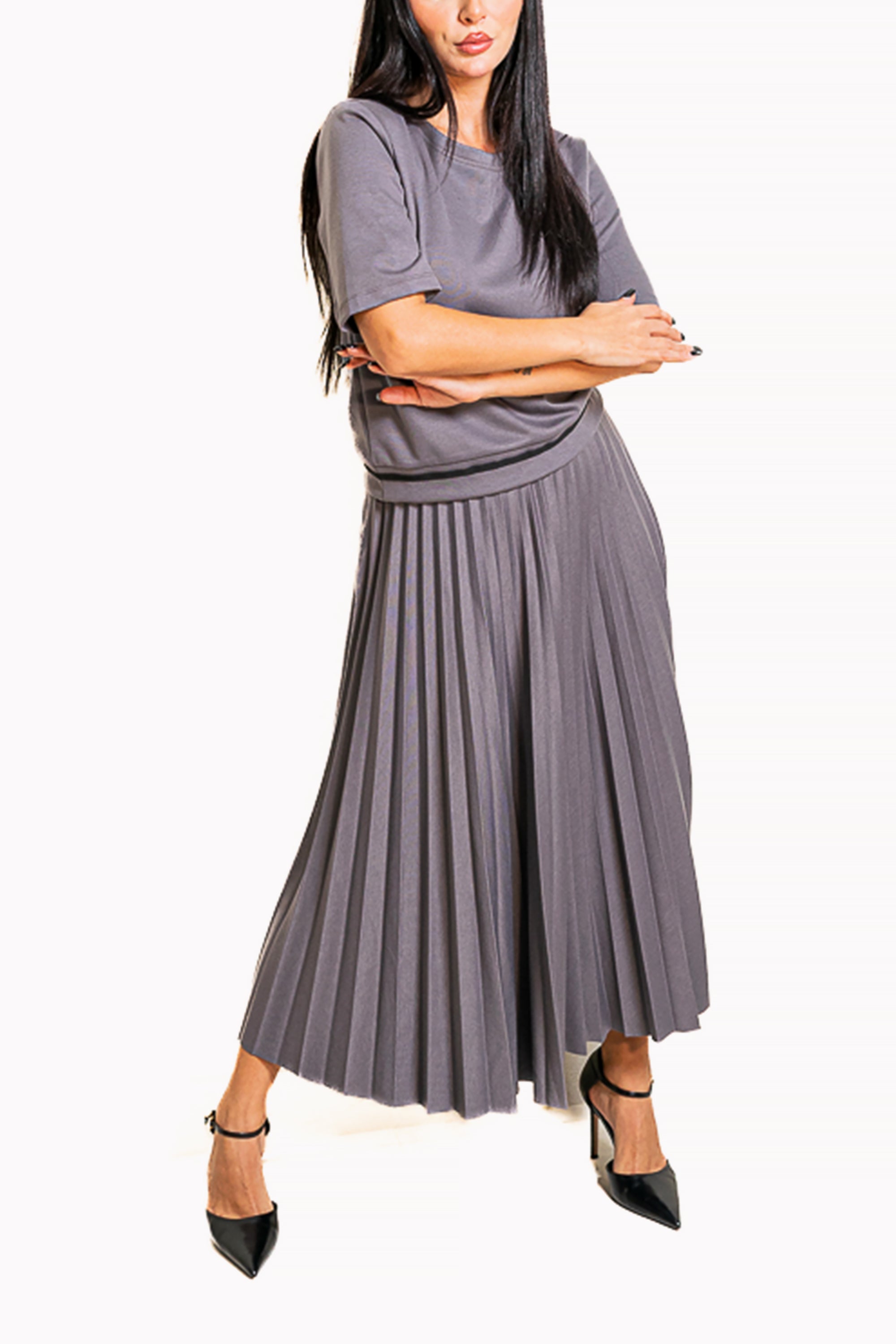 Grey Two-Piece Set of T-Shirt with Trim and Midi Skirt by The Embroidered Corner