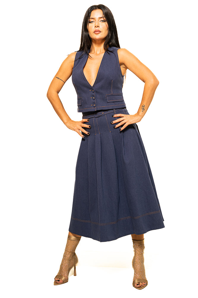 Blue Two-Piece Set of Denim Vest Midi Pleated Skirt by The Embroidered Corner
