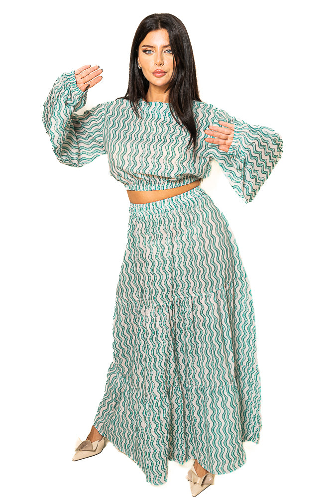 Green Two-Piece Set of Wavy Striped Blouse and Skirt by The Embroidered Corner
