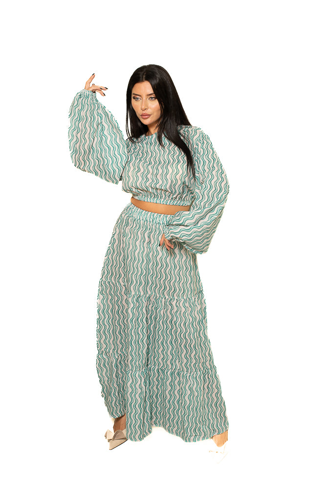 Green Two-Piece Set of Wavy Striped Blouse and Skirt by The Embroidered Corner