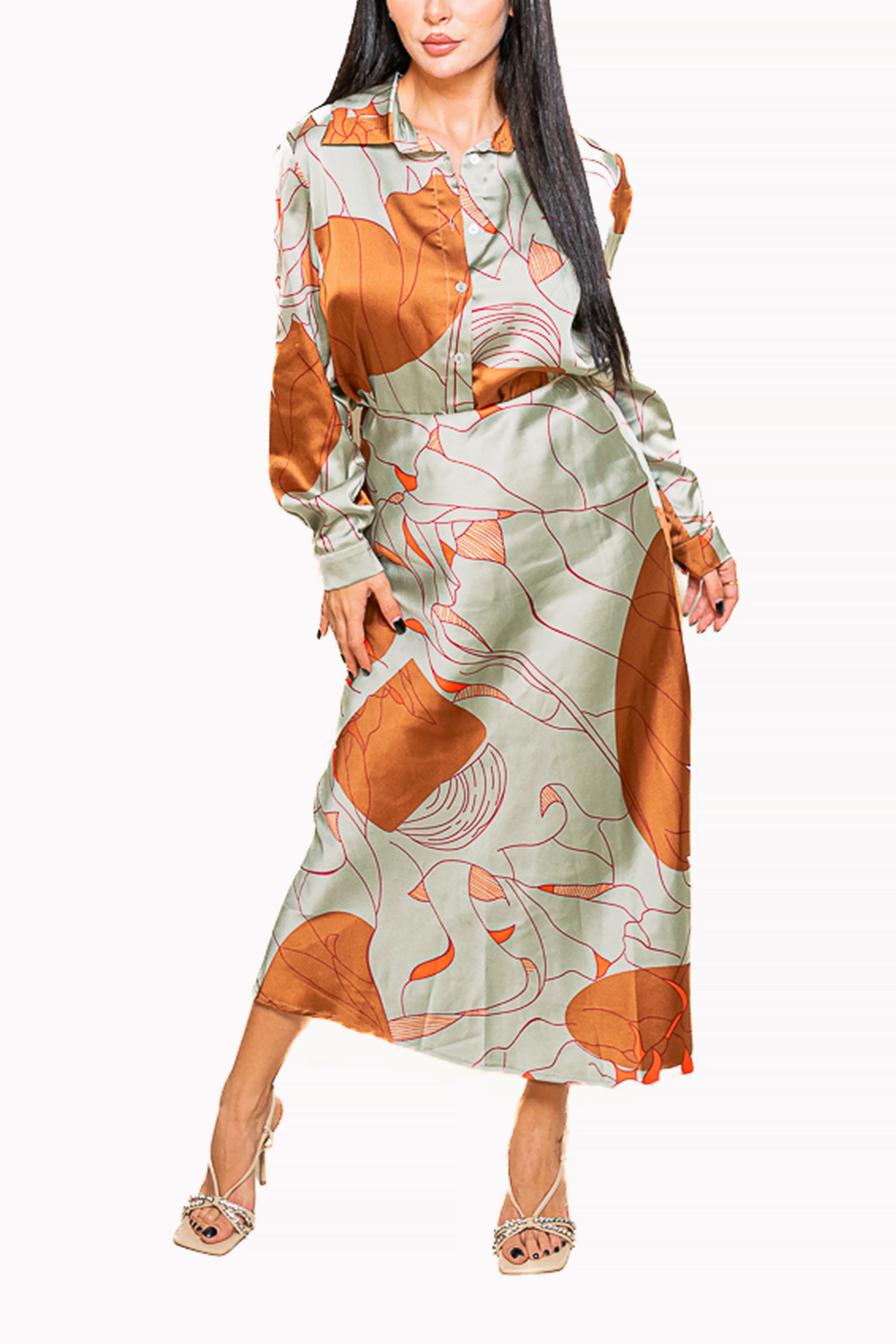 Multicolor Two-Piece Set of Satin Shirt and Skirt by The Embroidered Corner