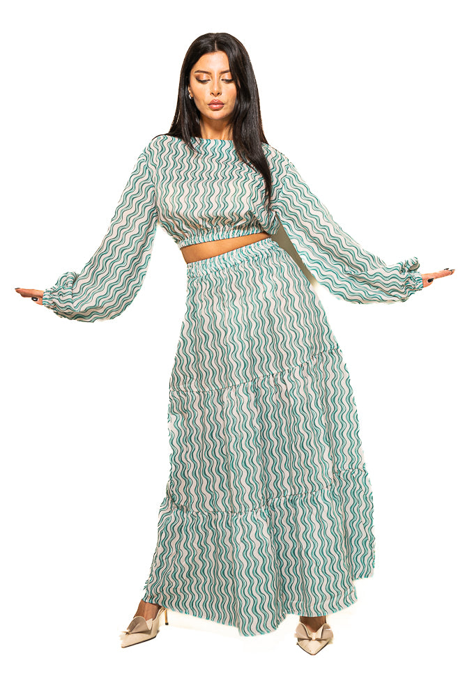 Green Two-Piece Set of Wavy Striped Blouse and Skirt by The Embroidered Corner