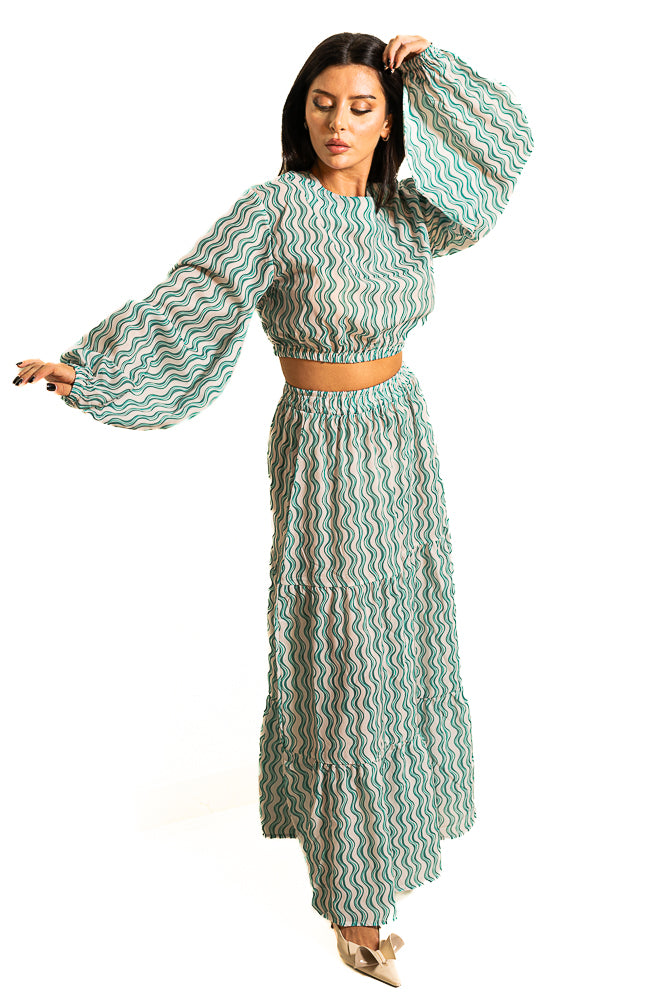 Green Two-Piece Set of Wavy Striped Blouse and Skirt by The Embroidered Corner