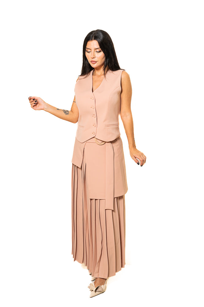 Beige Two-Piece Set of Vest Jacket and Pleated Skirt by The Embroidered Corner