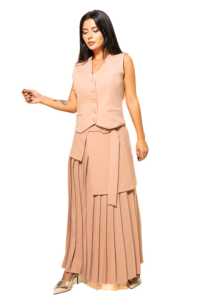 Beige Two-Piece Set of Vest Jacket and Pleated Skirt by The Embroidered Corner