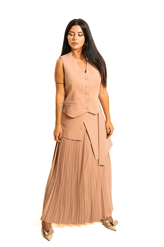 Beige Two-Piece Set of Vest Jacket and Pleated Skirt by The Embroidered Corner