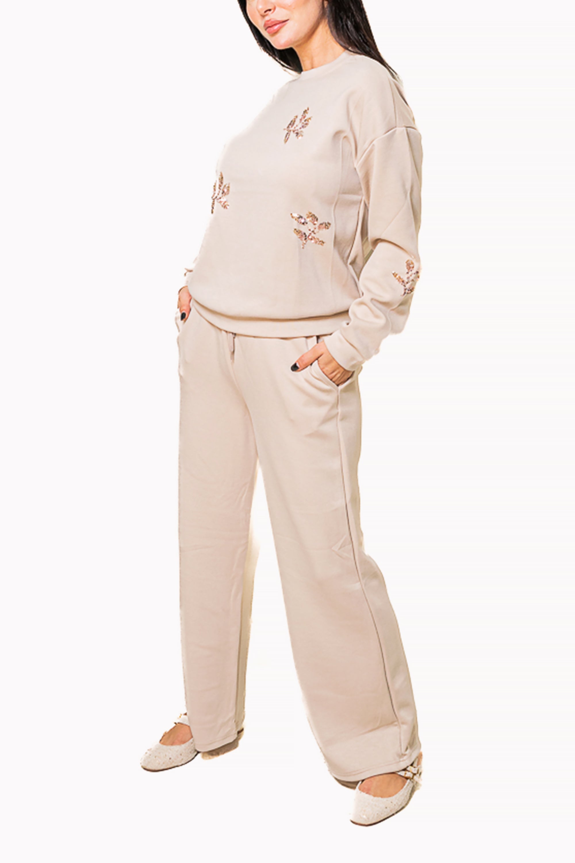Beige Two-Piece Set of Sweatshirt and Wide-Leg Pants by The Embroidered Corner