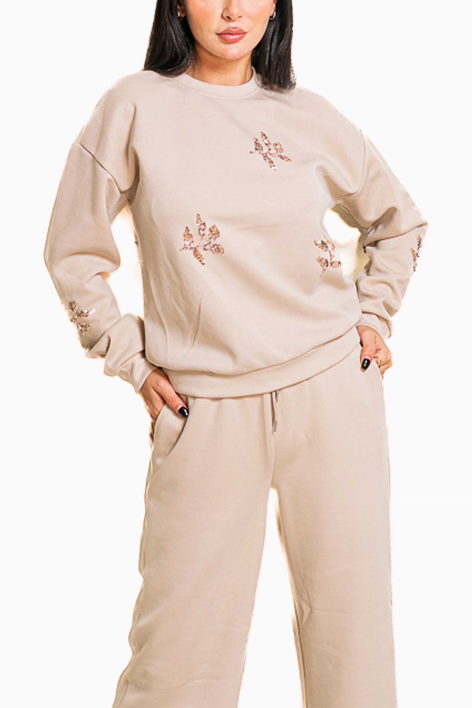 Beige Two-Piece Set of Sweatshirt and Wide-Leg Pants by The Embroidered Corner