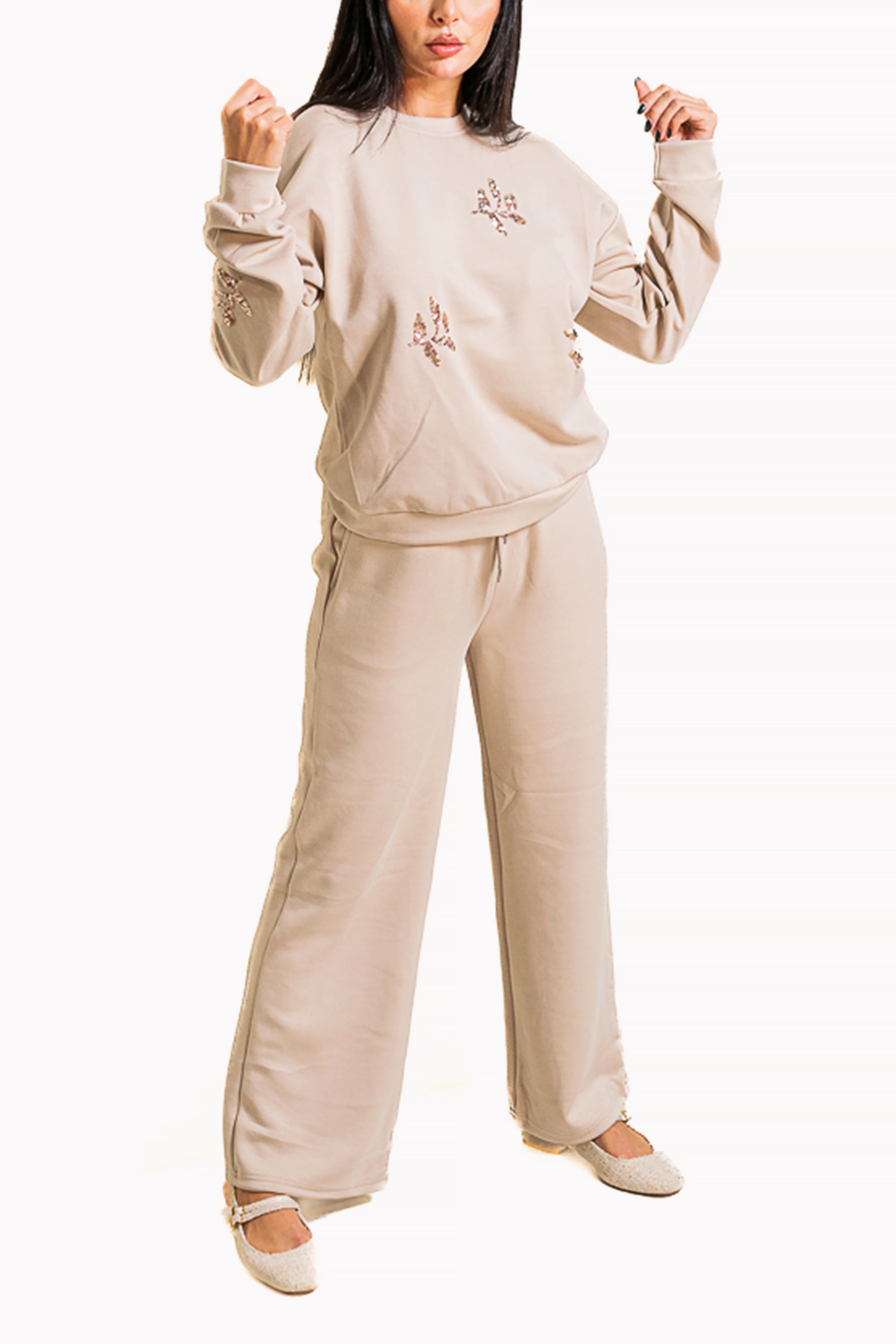 Beige Two-Piece Set of Sweatshirt and Wide-Leg Pants by The Embroidered Corner