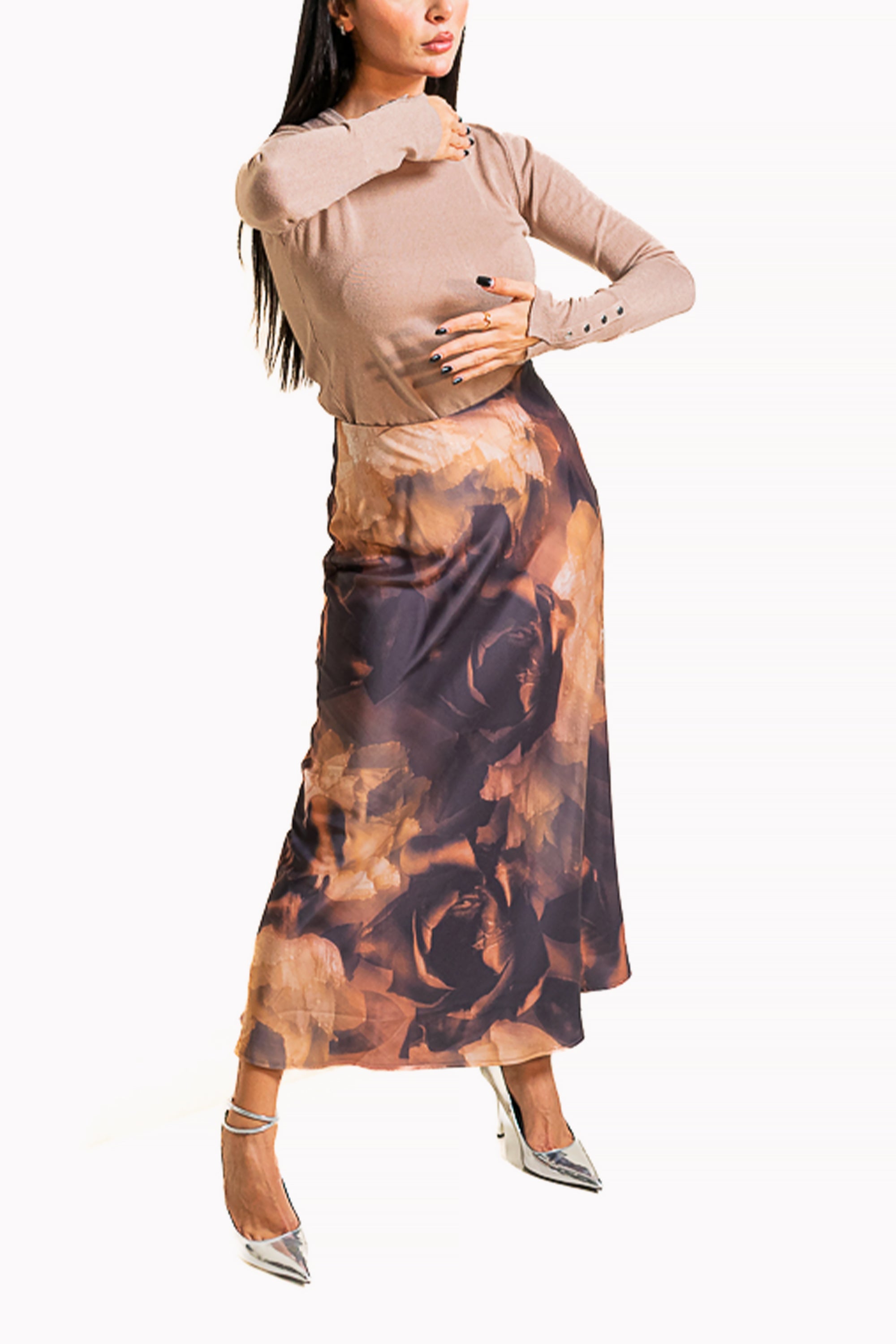 Beige Two-Piece Set of Top and Printed Midi Skirt by The Embroidered Corner