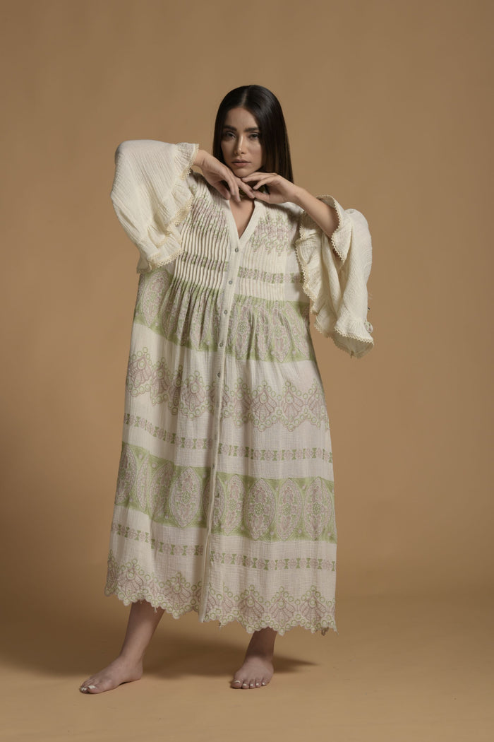 Off-White Zonaira Embroidered Jalabiya From Amore Mio By Hitu
