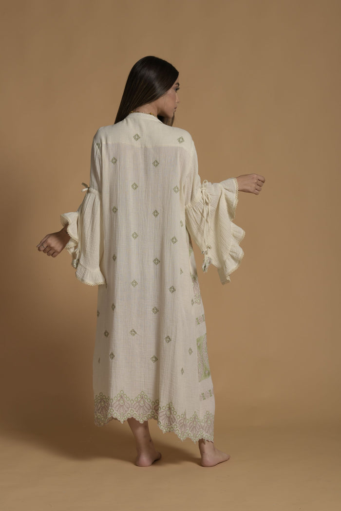 Off-White Zonaira Embroidered Jalabiya From Amore Mio By Hitu