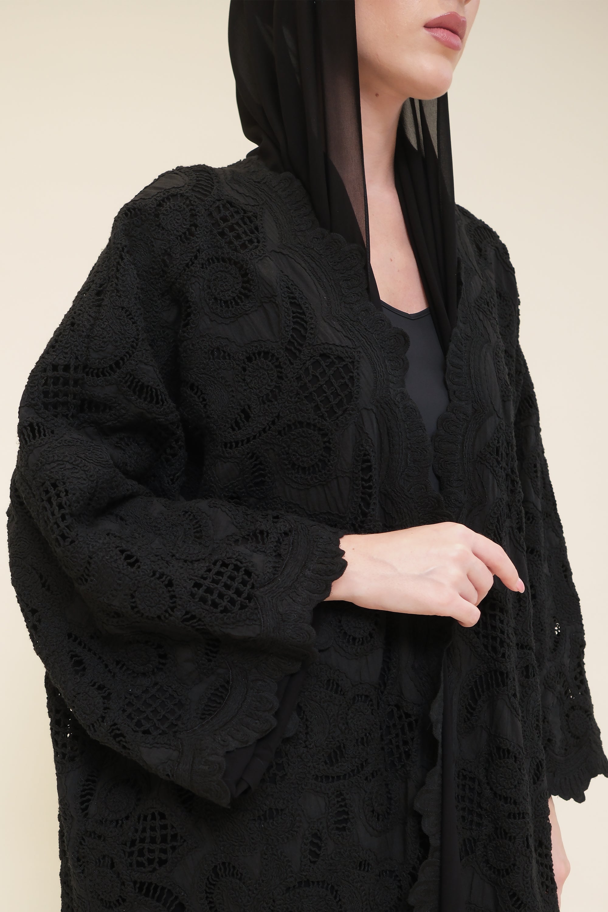 Black Cotton Lace Abaya by Al Dukan