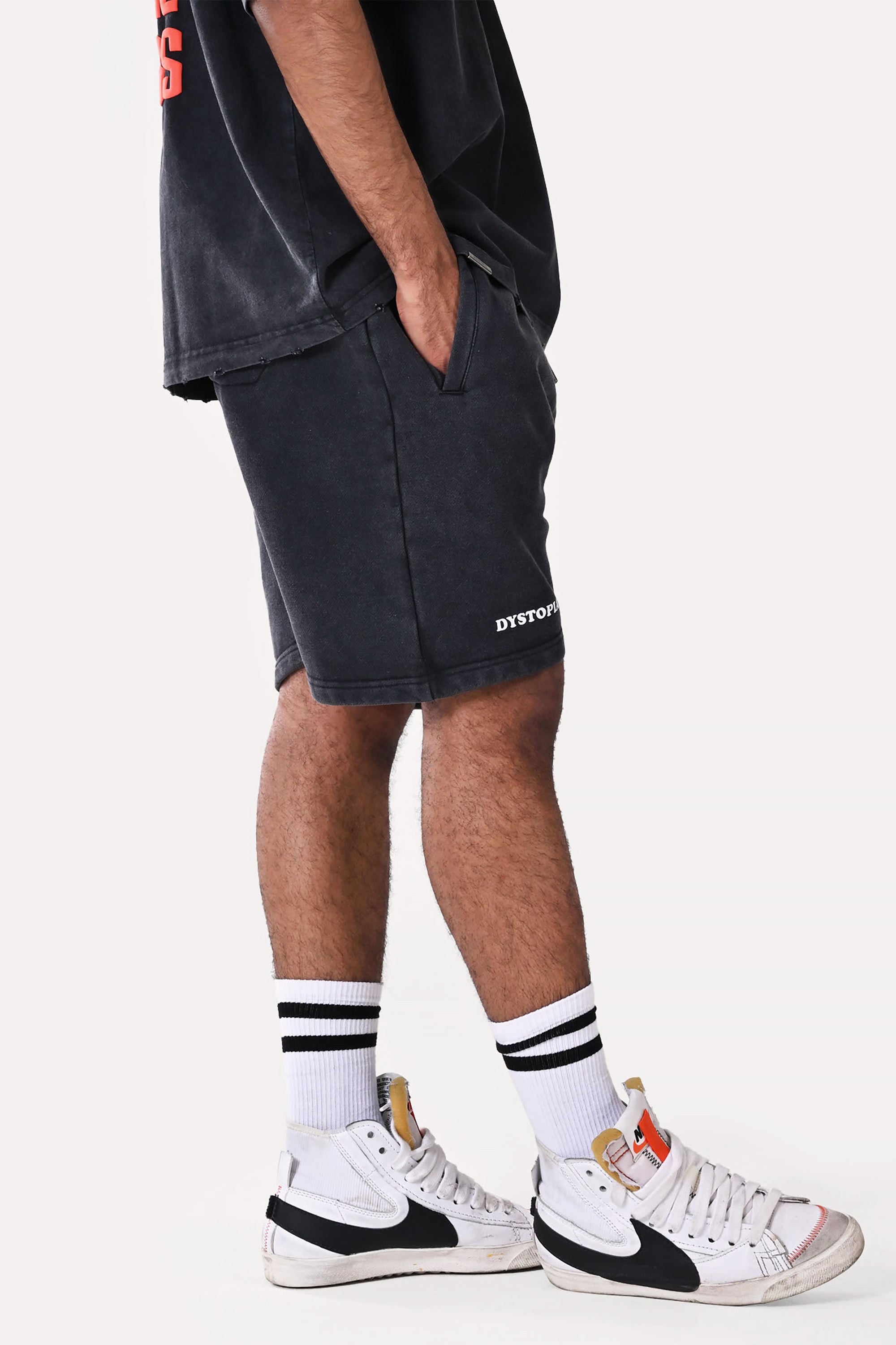 Grey Washed Printed Shorts by Dystopia