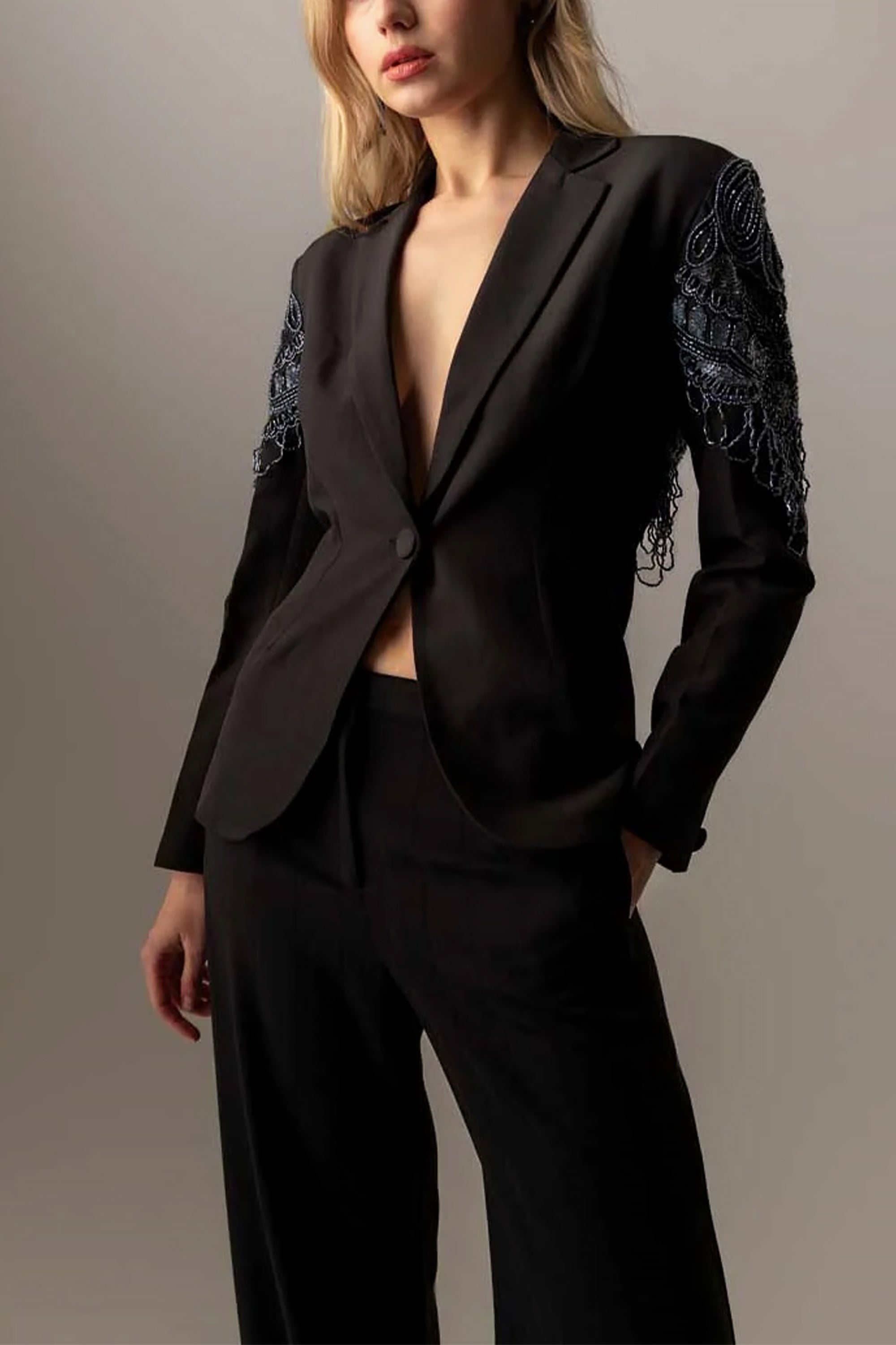 Black Polyester Ebony Blazer by Raishma