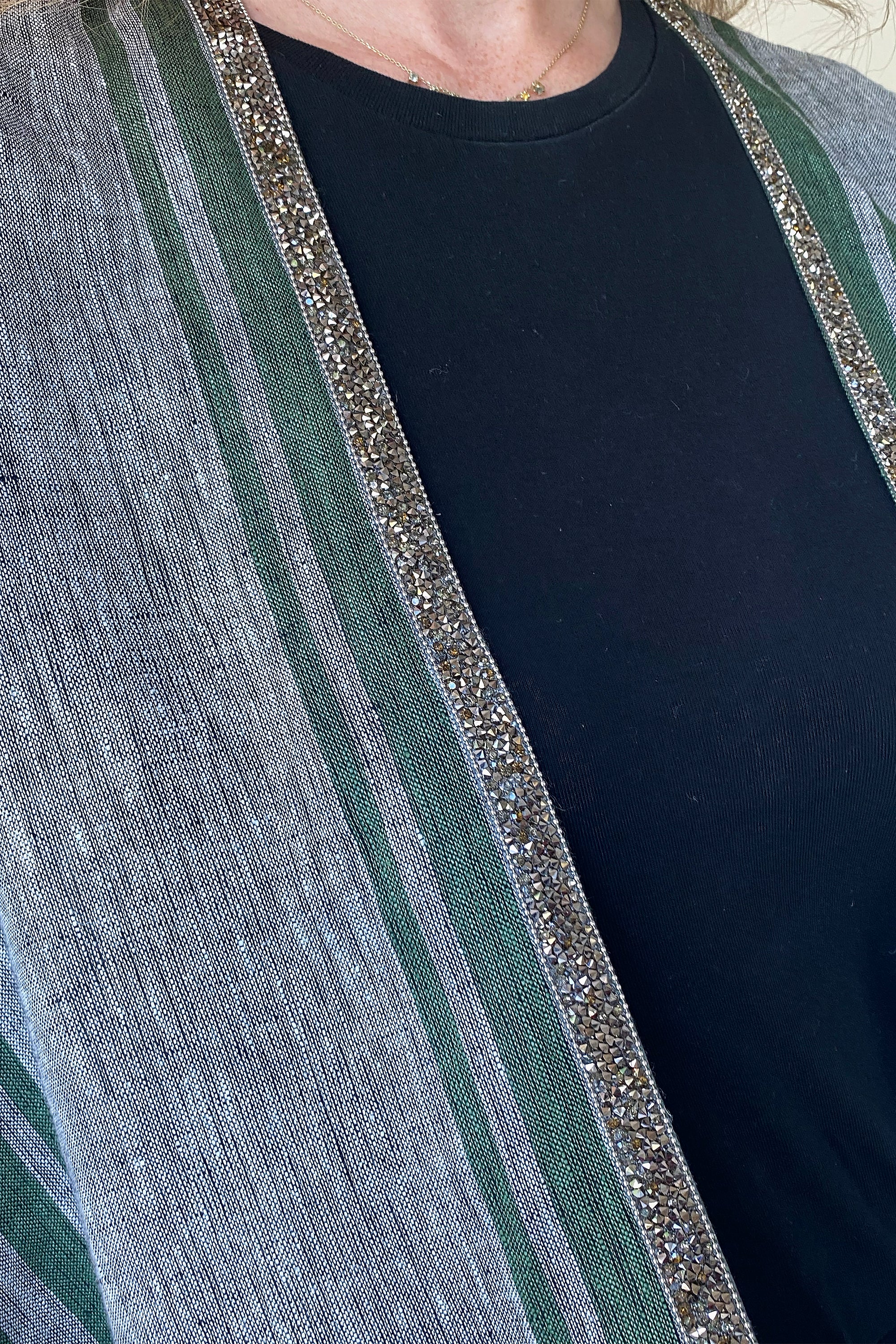 Grey & Green Linen Striped Abaya by Canava