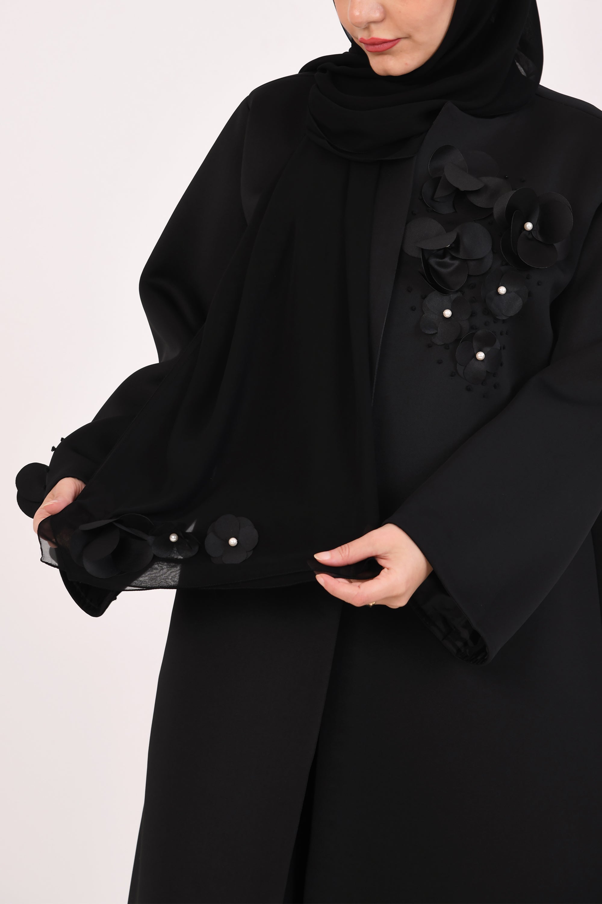 Black Flower Pearl Abaya by Le Muga