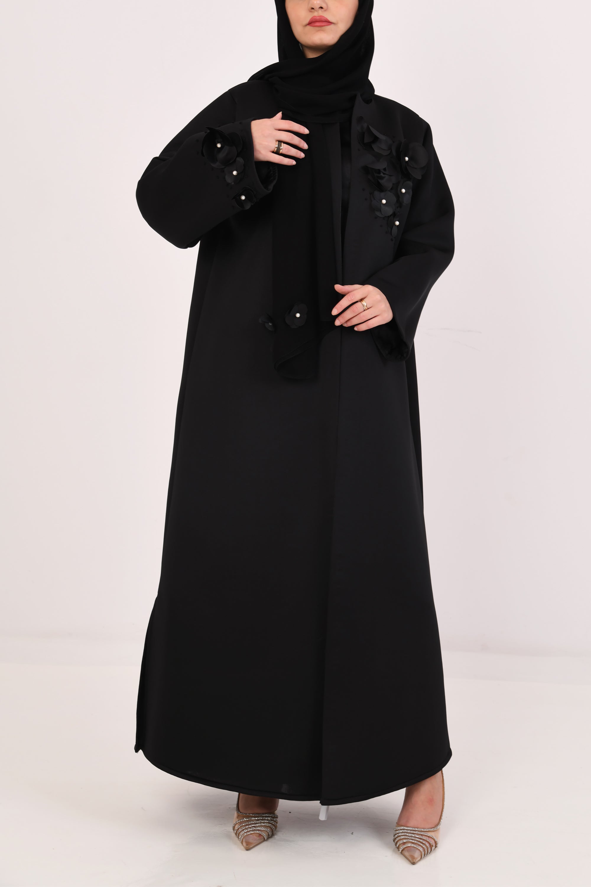 Black Flower Pearl Abaya by Le Muga