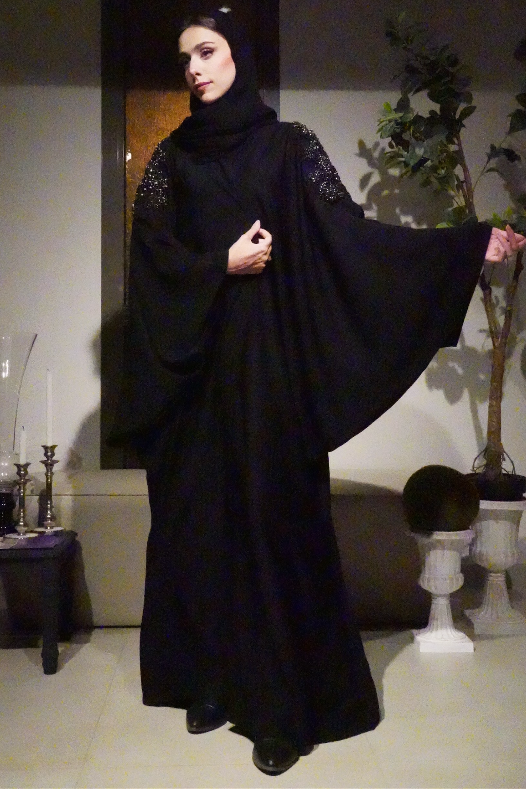 Black Collar Hand Beaded Abaya by Le Muga