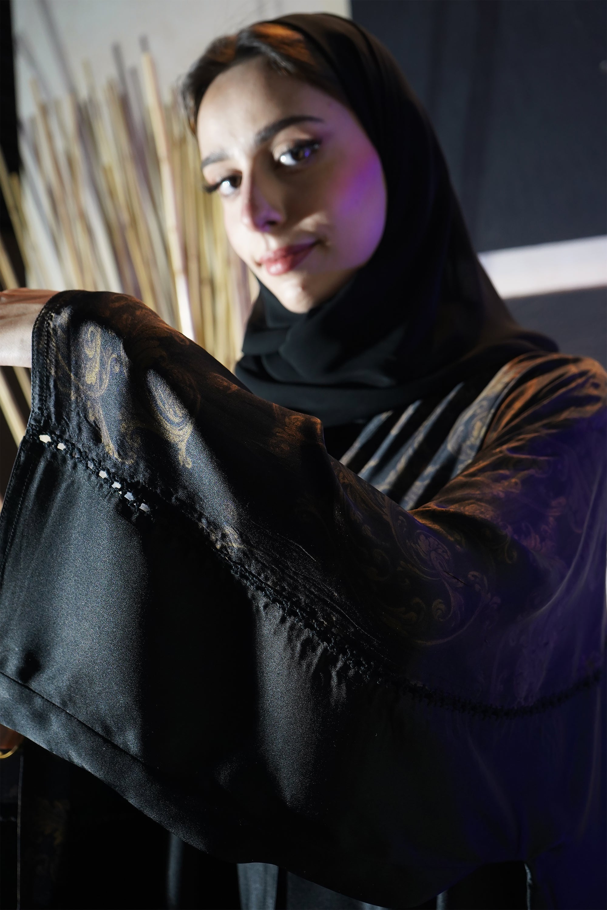 Black Embroidered Silk Abaya by Le Muga