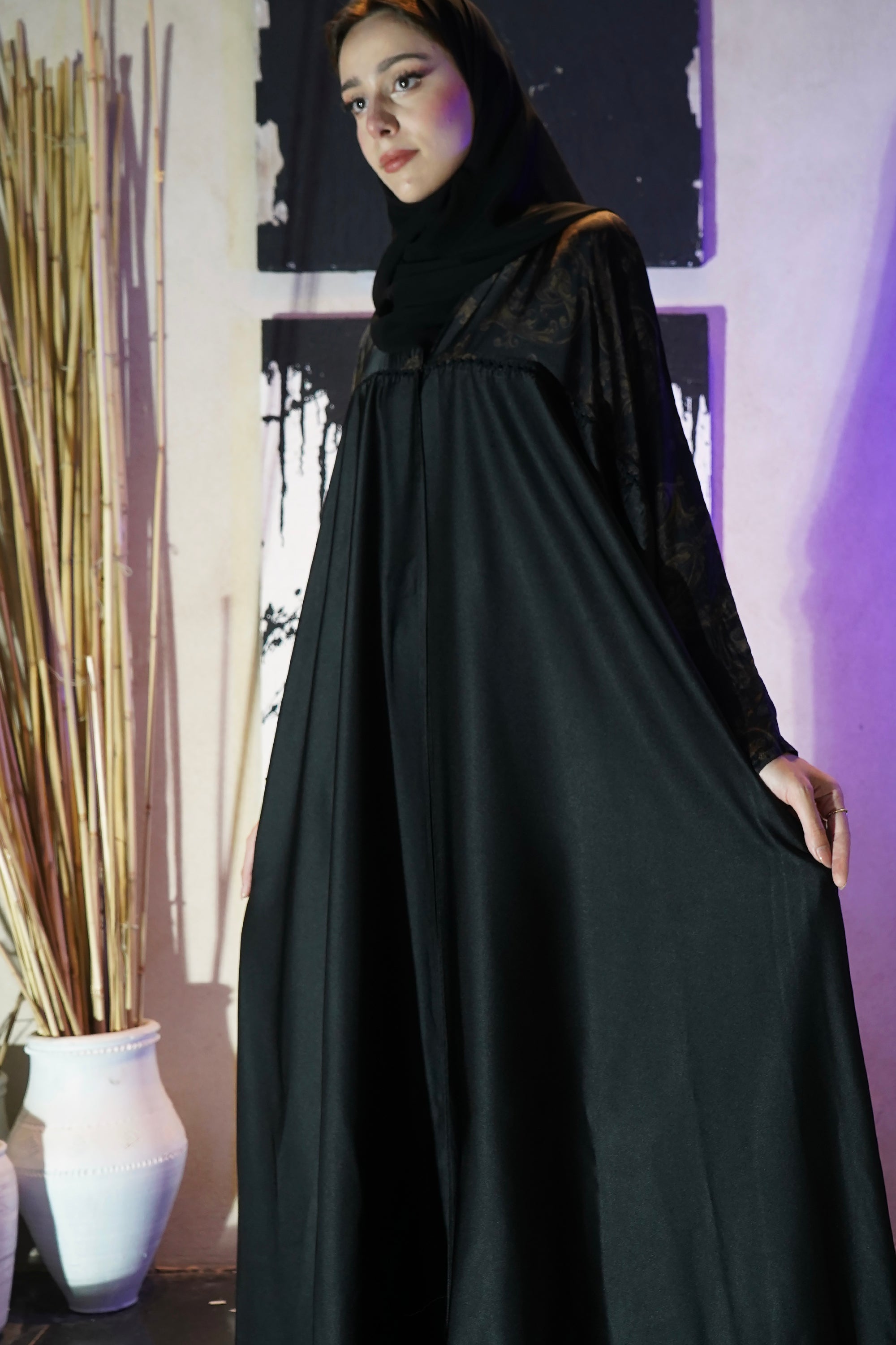 Black Embroidered Silk Abaya by Le Muga
