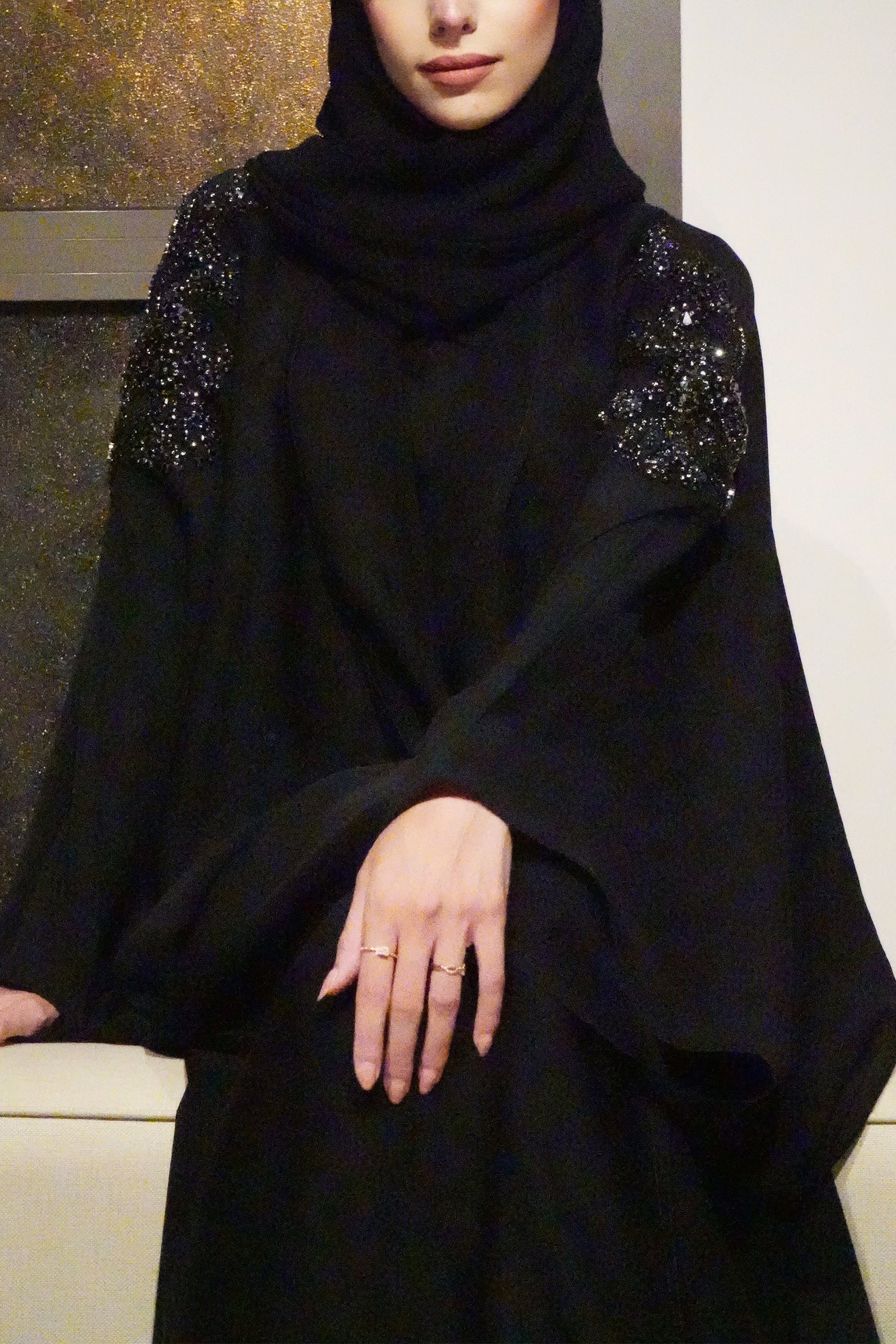 Black Collar Hand Beaded Abaya by Le Muga