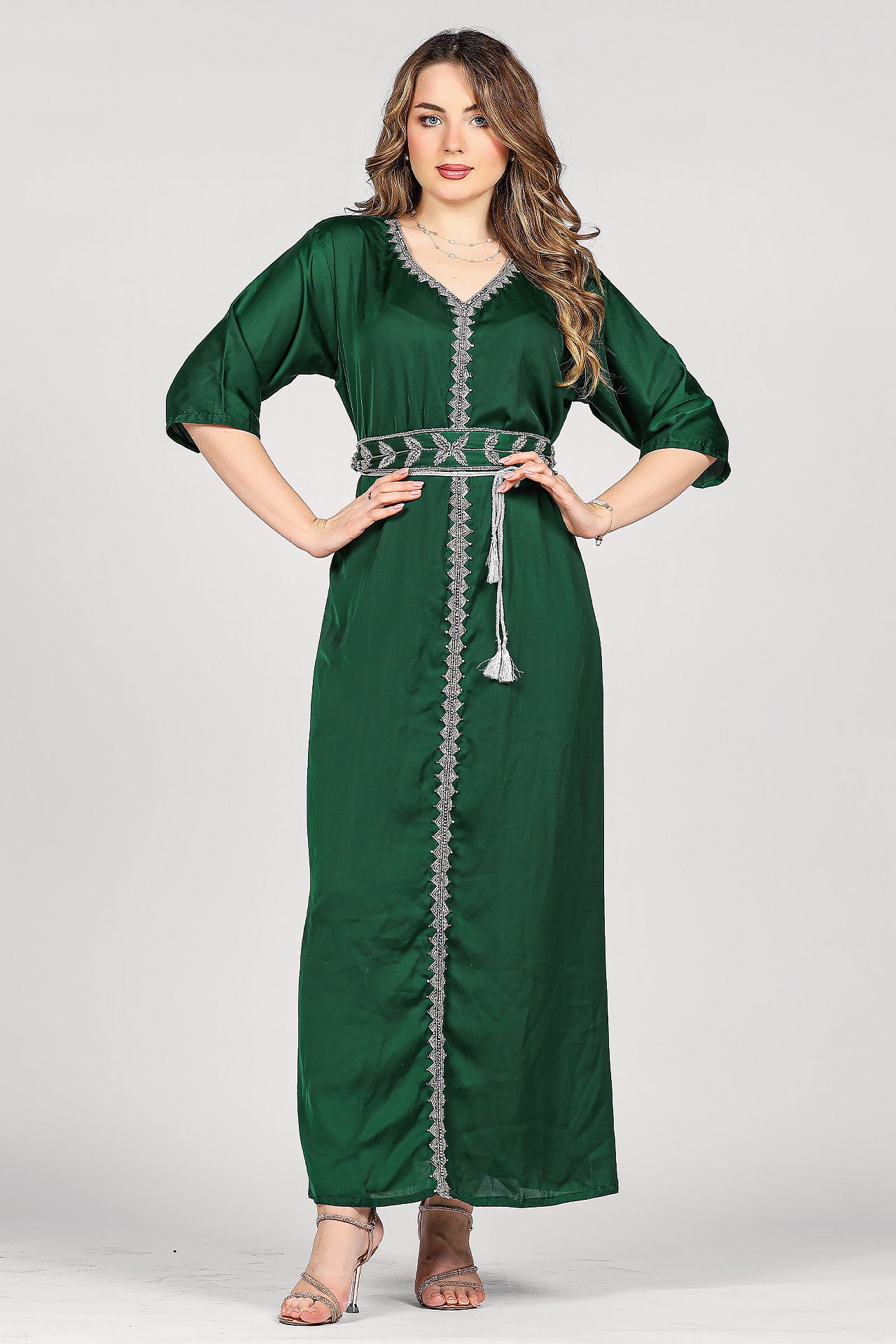 Green Hand-Embroidered Luxury Kaftan by Marwa Ghassan