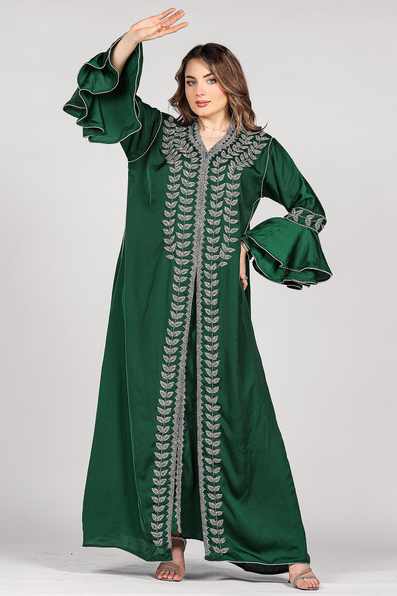 Green Hand-Embroidered Luxury Kaftan by Marwa Ghassan