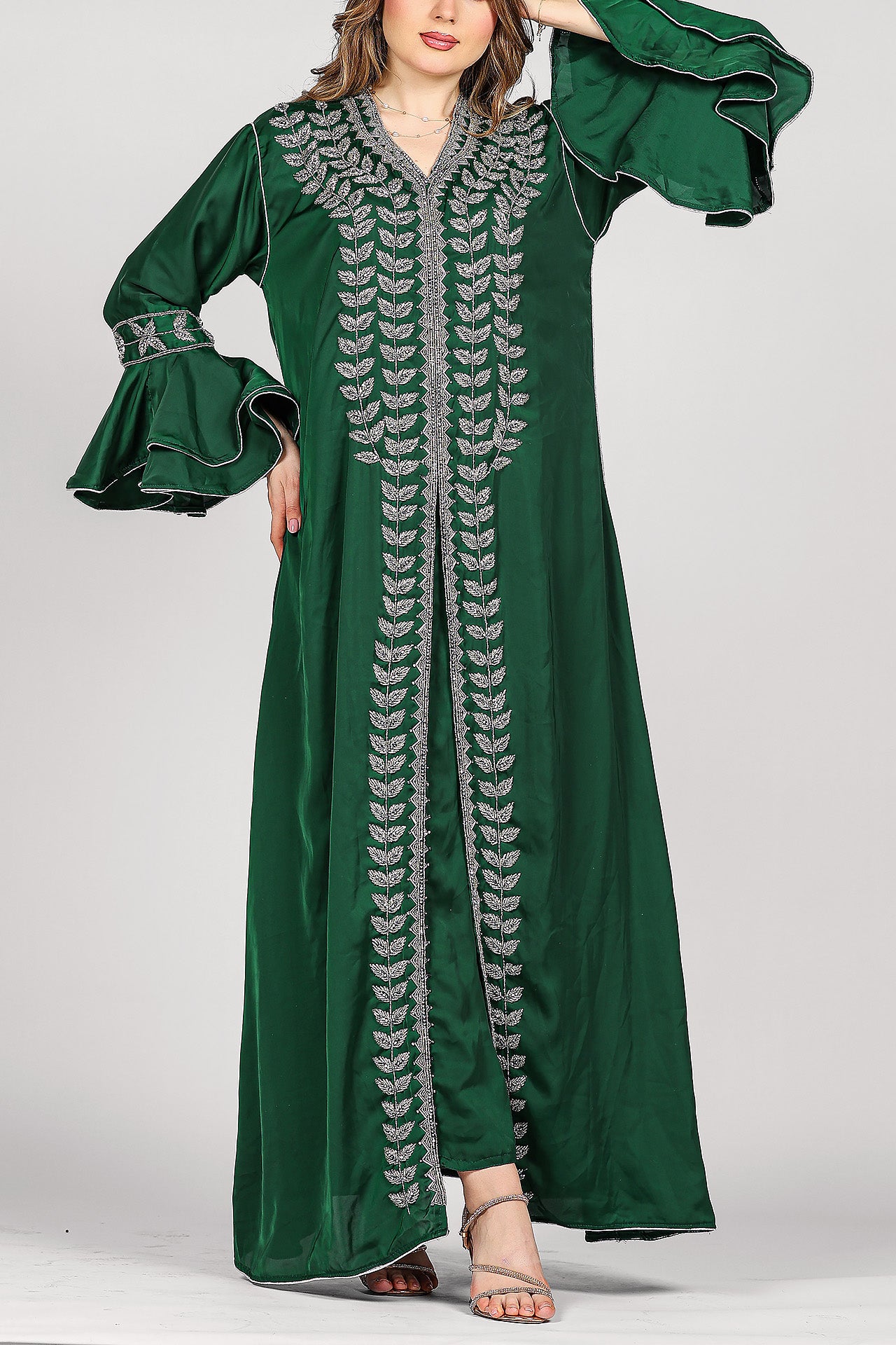 Green Hand-Embroidered Luxury Kaftan by Marwa Ghassan