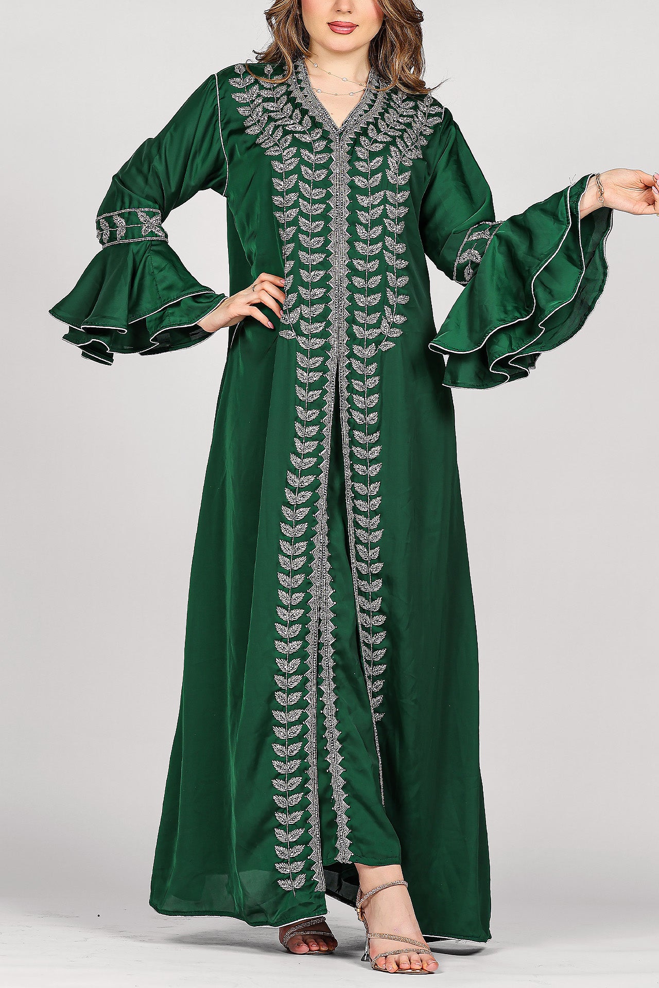 Green Hand-Embroidered Luxury Kaftan by Marwa Ghassan
