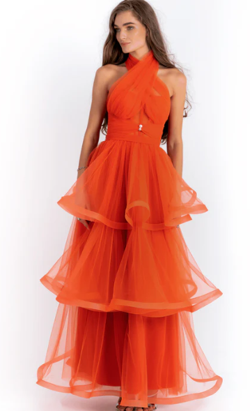 Orange Cross Halter Neck Tulle Gown With Layered Skirt By AAVVA