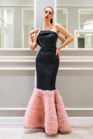 Black & Pink Asymmetric Satin Gown With Mermaid Ruffle bottom From AAVVA