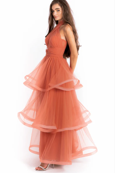Light Orange Cross Halter Neck Tulle Gown With Layered Skirt By AAVVA