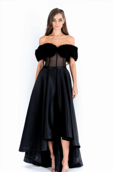 Black Sheering Off Shoulder Gown With Satin Skirt By AAVVA