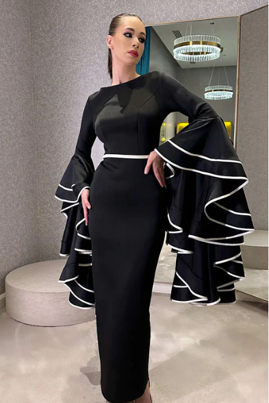 Black and White Fitted Neoprene Gown With Oversized Bell Satin Sleeves By AAVVA