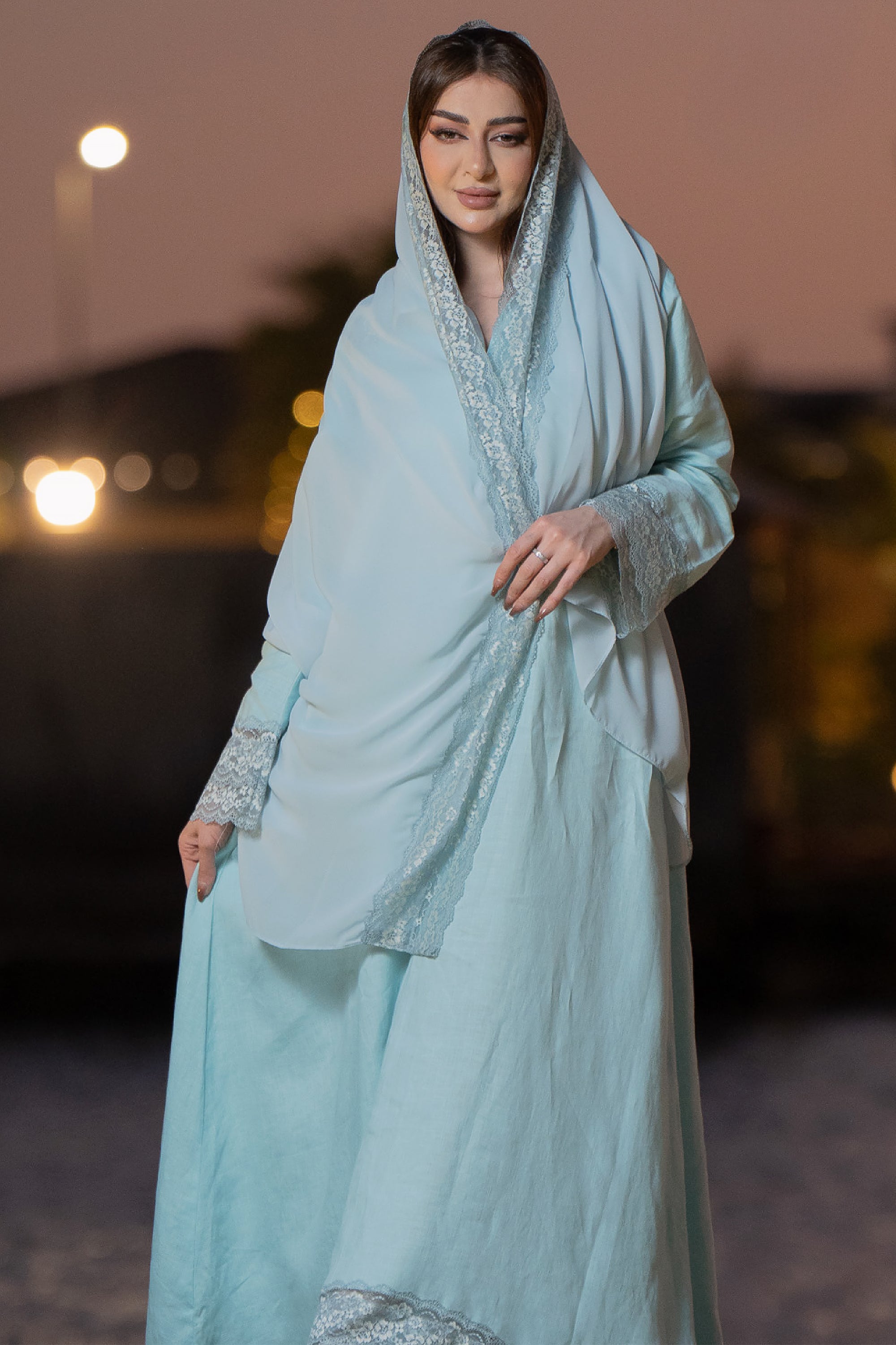 Light Blue Lace Linen Jalabiya by Taa Marbotah
