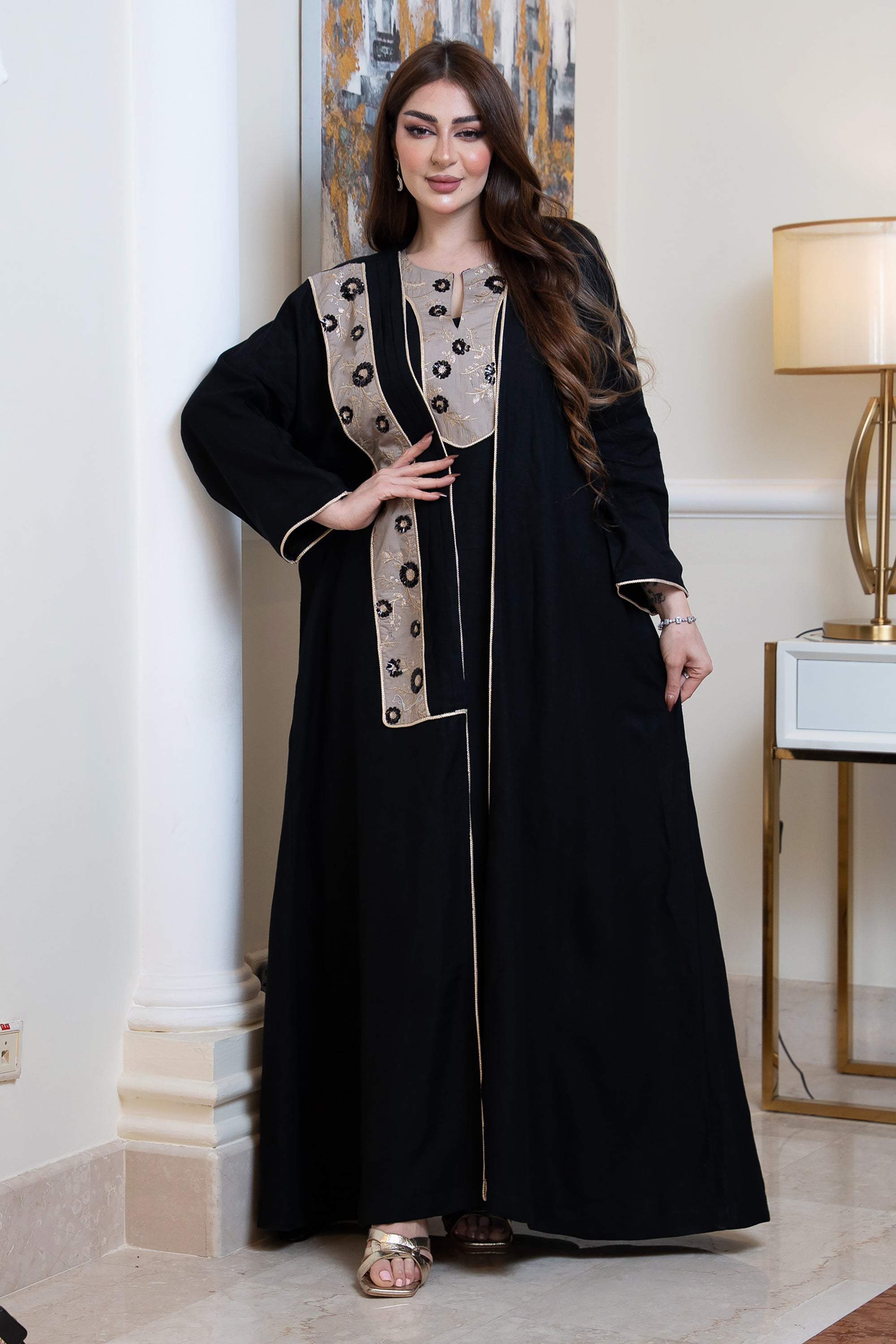 Black Linen Set of Abaya and Dress by Taa Marbotah