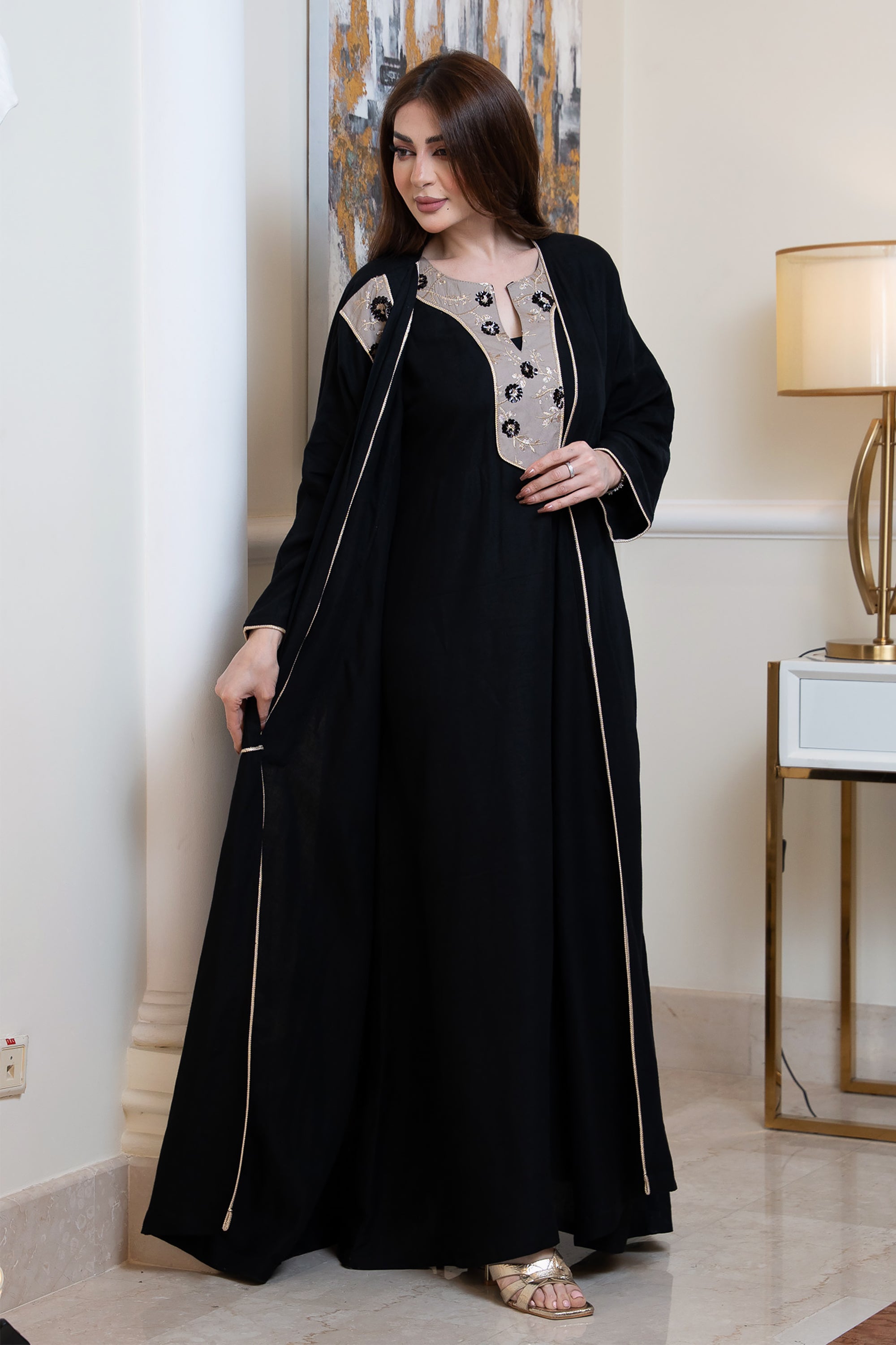 Black Linen Set of Abaya and Dress by Taa Marbotah