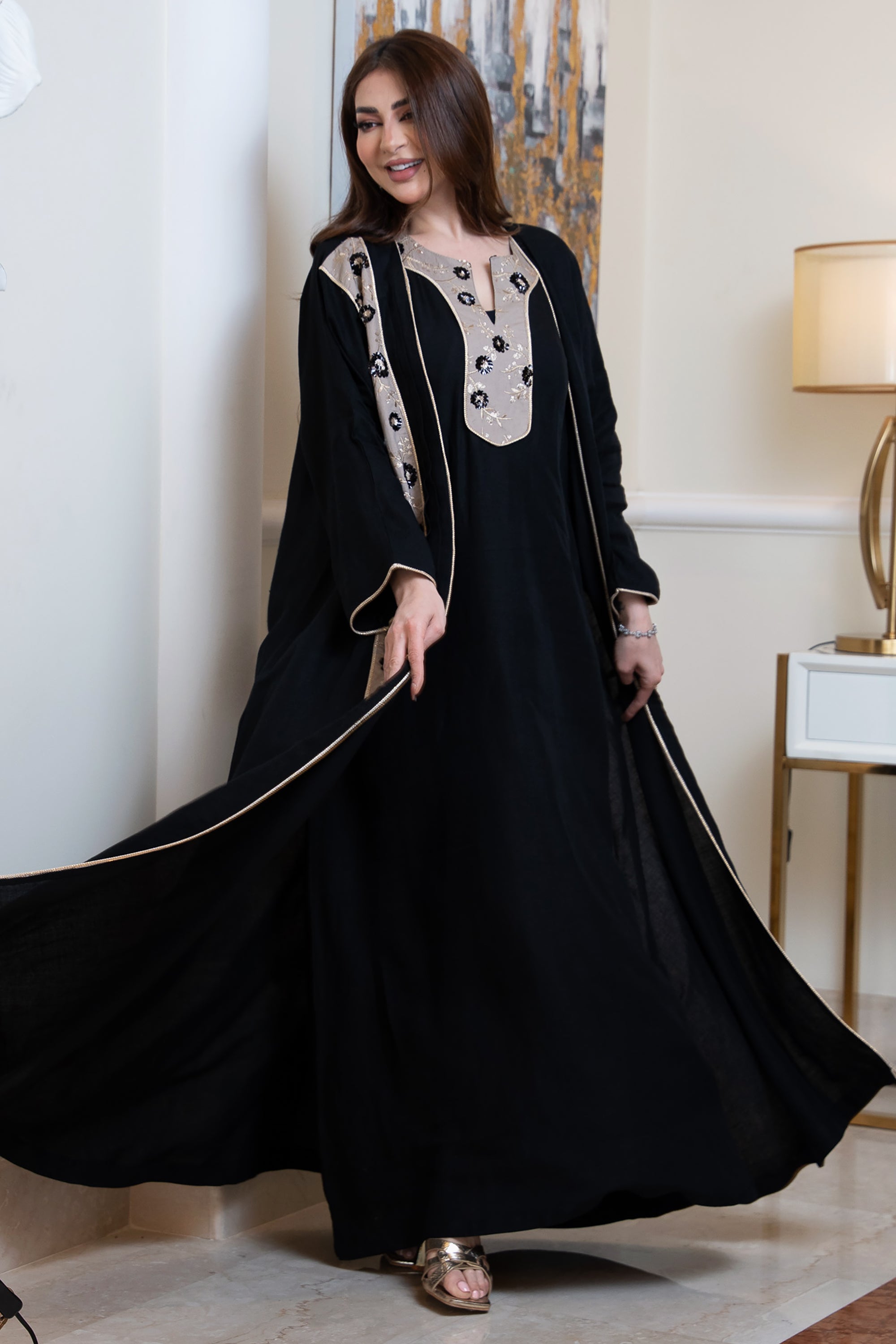 Black Linen Set of Abaya and Dress by Taa Marbotah