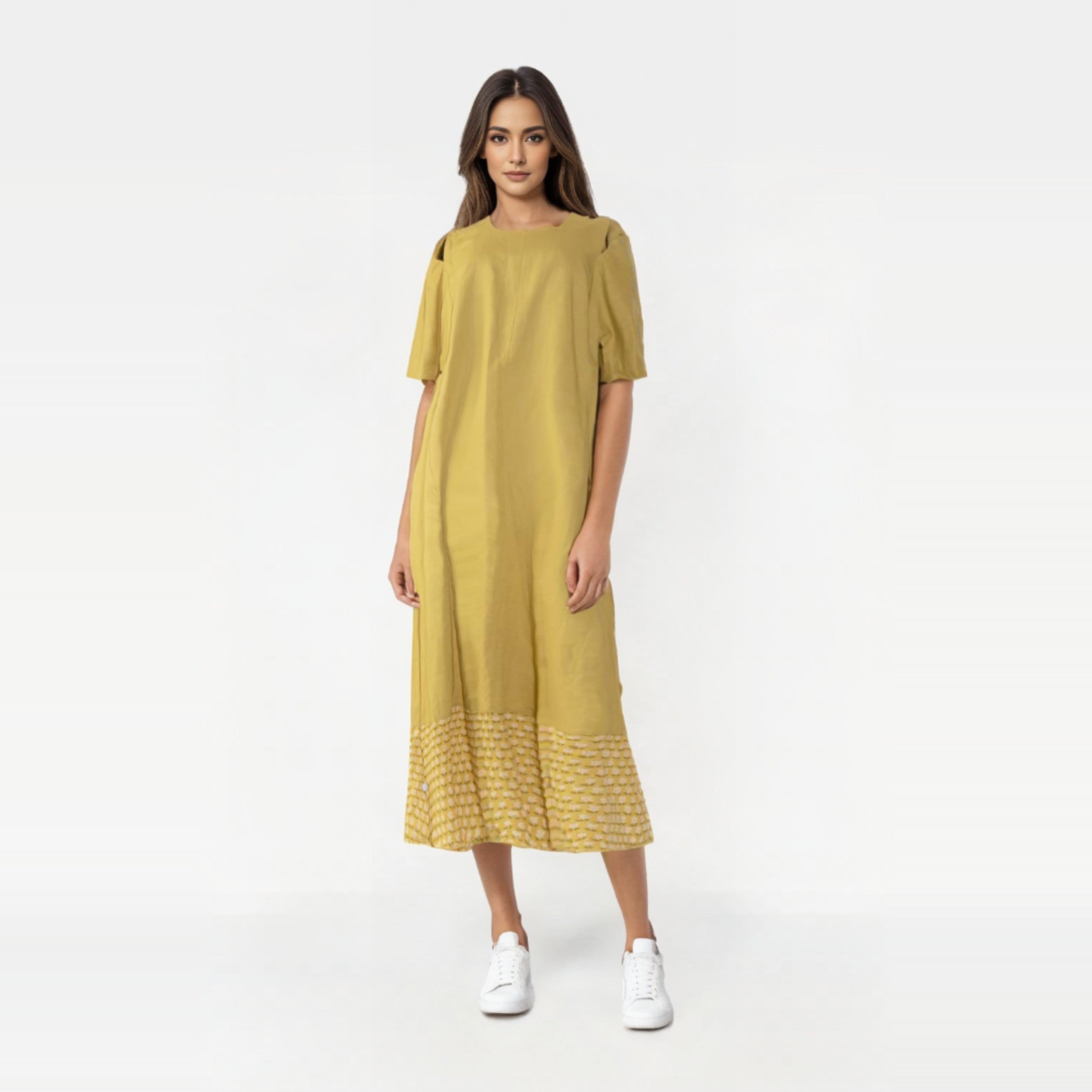 Mustard Linen Short Sleeve Dress From Darzah